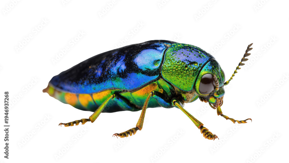 Naklejka premium Isolated stunning vibrant jewel beetle showcasing metallic blue green and golden colors.