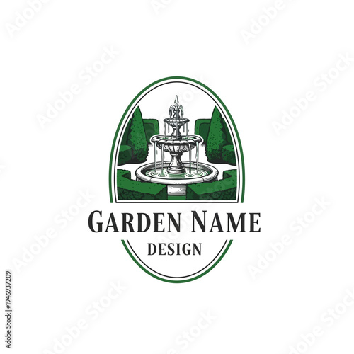 Garden Fountain Design Logo with Elegant Green Hedges Illustration