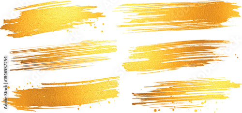 Gold paint brush strokes. Collection of golden paint brush strokes isolated on transparent background. Set of gold brush strokes isolated on white background.	