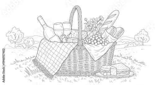 Picnic Basket with Food and Drinks Outdoors.