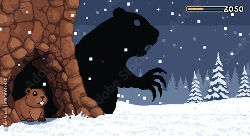 Bear and Cub in Snowy Landscape.