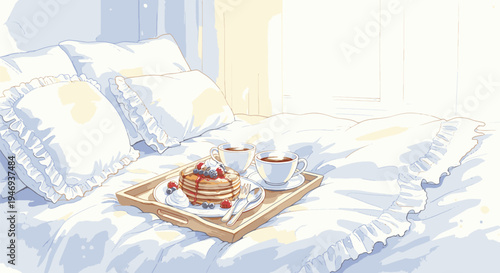 Breakfast Tray on Bed with White Linens.