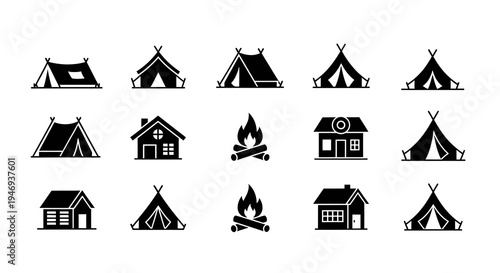 Camping icon set featuring tents cabins and campfire symbols