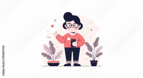 Cheerful person in casual attire holds a phone, surrounded by potted plants and abstract shapes