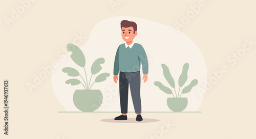 Cheerful man in a sweater and trousers stands between two potted plants