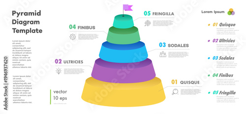 Pyramid infographic diagram 3d isometric 5 options, parts or level with business icon for presentation, marketing, workflow layout, timelines, processing, apps, banner, web