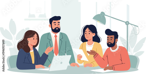 Diverse team collaborating on a project at a modern office desk with plants and lighting