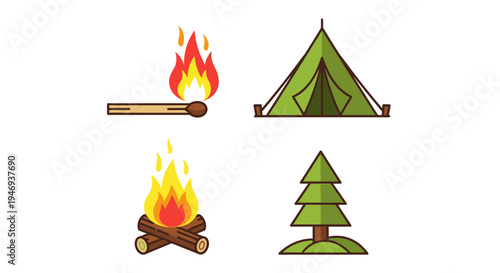 Camping Icon Set with Tent Campfire Pine Tree and Matchstick