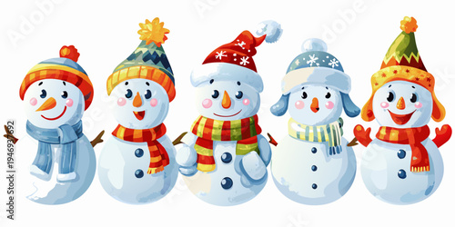 Five cheerful snowmen wearing colorful winter hats and scarves stand together