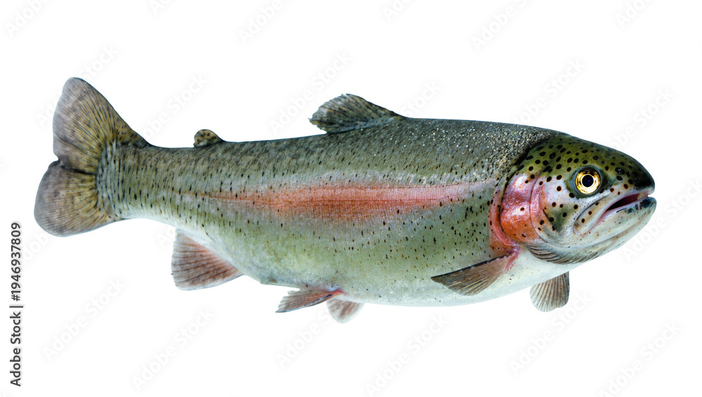 Obraz premium Isolated rainbow trout with vibrant iridescent colors and speckled skin, a freshwater fish in profile