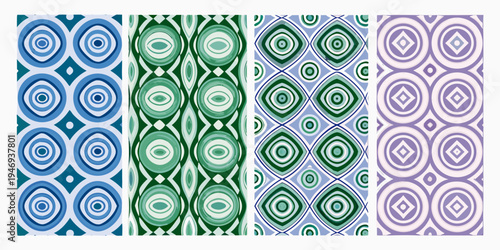 Four colorful repeating geometric patterns with circular and diamond shapes