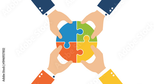 Business hands joining colorful circular puzzle pieces for teamwork