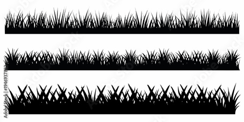 Three rows of detailed black silhouette grass on a white background