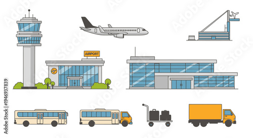 Airport infrastructure vector icons with aircraft and terminal buildings