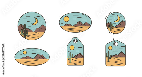 Desert Landscape Icon Set with Cactus and Mountains in Line Art