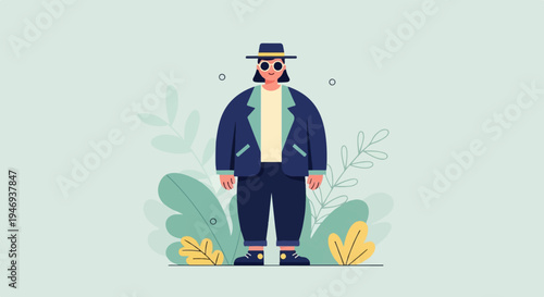Stylized individual in stylish attire and hat, surrounded by abstract foliage