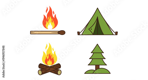 Camping icon set with tent campfire pine tree and matchstick