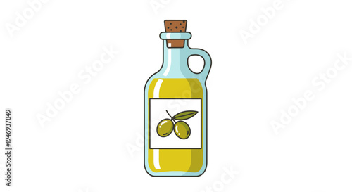 Olive oil glass bottle with cork and label illustration