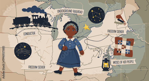 African American Girl Standing on Historical Map.