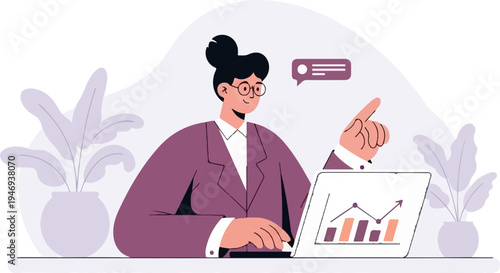 A woman in a suit points to a laptop screen displaying a rising graph, with plants in pots