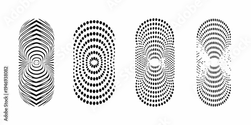 Four abstract black and white optical illusion shapes in a row
