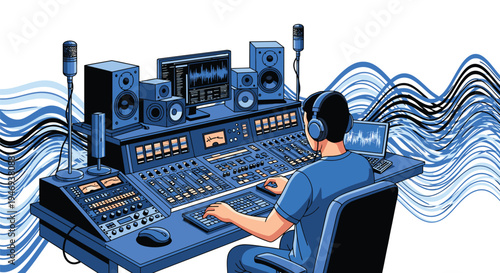 Man Working on Sound Mixing Console.