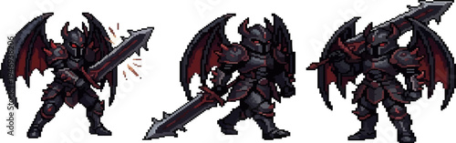 pixel art winged dark knight armored demon character with massive jagged blade for fantasy games.