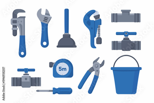 Collection of plumbing tools and supplies, including wrenches, a plunger, tape measure, pliers, screwdriver, pipe fittings, and a bucket for maintenance and repair tasks