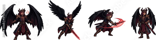 pixel art fallen angel lord with black wings and glowing red energy sword for games.