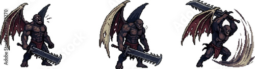 pixel art muscular winged demon brute wielding a giant jagged heavy iron cleaver sword weapon.