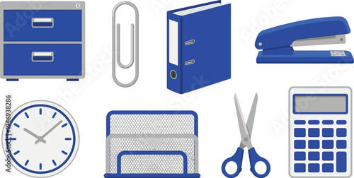 Office organization administrative tools with filing cabinet ring binder desk stapler wall clock mesh organizer scissors calculator in silver royal blue white for office productivity design