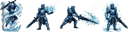 pixel art frost elemental ice knight character with frozen armor and crystalline winter magic sword.