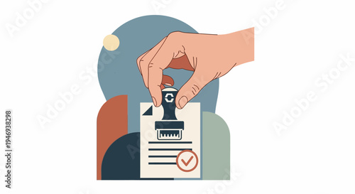 Hand holding stamp on document paper.