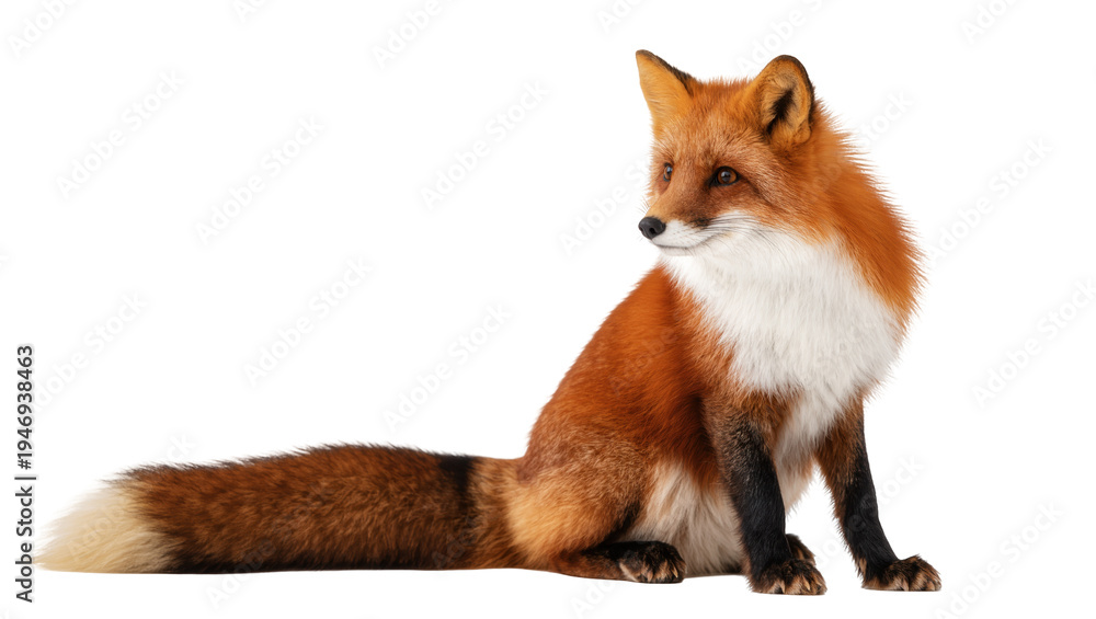 Fototapeta premium Isolated red fox, a beautiful wild animal, sitting gracefully, looking alertly to the side