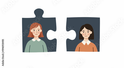 Two women in puzzle pieces together.