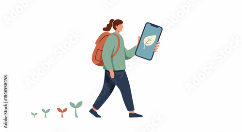 Woman holding large smartphone walking.