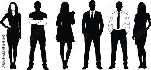 Group of professional business people silhouettes standing in different poses wearing casual and formal office attire isolated on white background