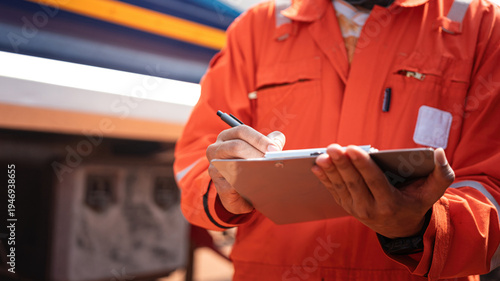 An engineer is checking on chemical hazardous material checklist to verify the safety condition with chemical road tanker as background. Industrial waorking scene, close-up and selective focus.