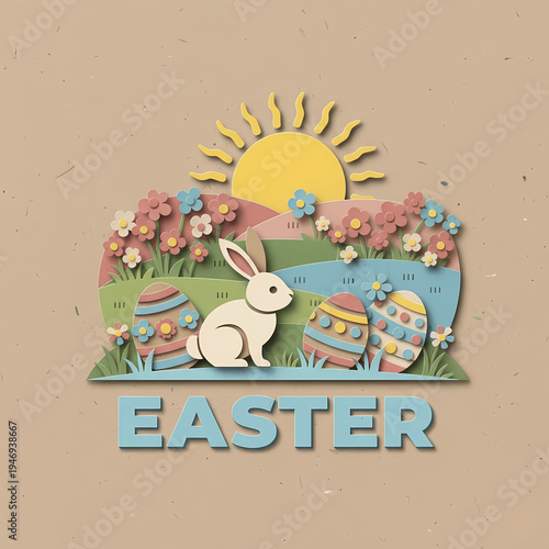 white bunny in sunny meadow with blooming wildflowers, easter illustration with decorated eggs and pastel colors