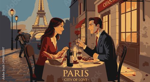 Couple Dining at Parisian Street Cafe.