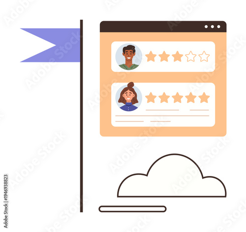 User engagement, digital reviews, customer feedback, reputation assessment, online ratings, data analysis. Two user profiles with star ratings on a browser window. User engagement and digital reviews
