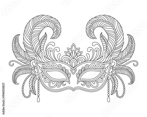 Intricate Venetian mask with feathers and decorative beads isolated on a white background