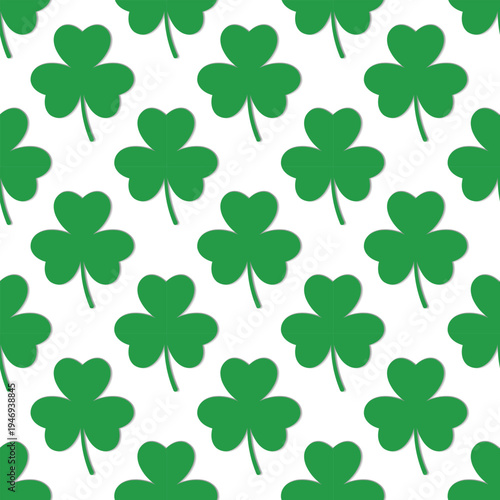 Green Three Leaf Clover with Shadow on a White background Seamless Pattern vector illustration