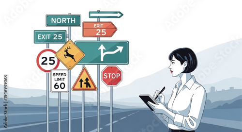 Man holding clipboard by road signs.