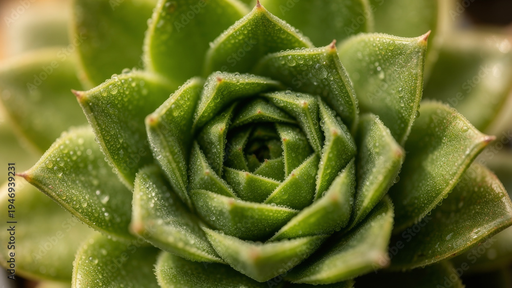 Fototapeta premium Vibrant Green Succulent Rosette with Dew Drops