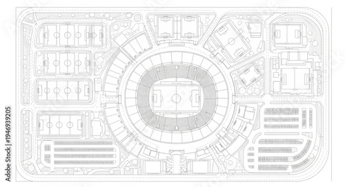 Detailed architectural plan showcasing a complex building layout with surrounding structures.