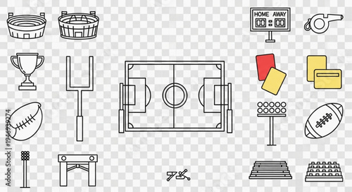 American Football Icons - Stadium, Field, Trophy, and Equipment.