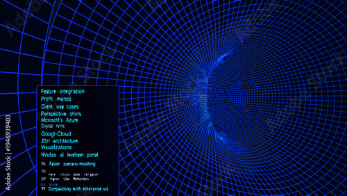 Abstract blue vortex with text overlay showcasing technology and data insights