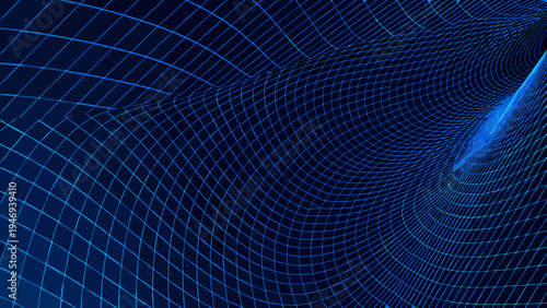 Abstract blue grid forming a warped tunnel or vortex shape