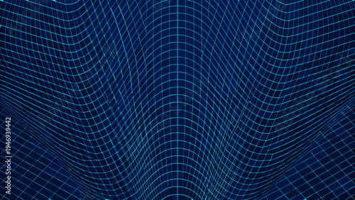 Abstract digital waves formed by a glowing blue grid pattern